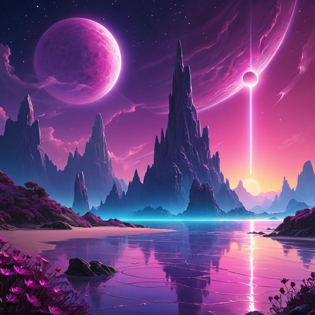 A surreal alien landscape bathed in the magenta glow of a binary sun, towering crystalline formations jutting out of a vibrant purple ocean, exotic bioluminescent flora dotting the landscape, No Man's Sky inspired, vibrant colors, sense of wonder