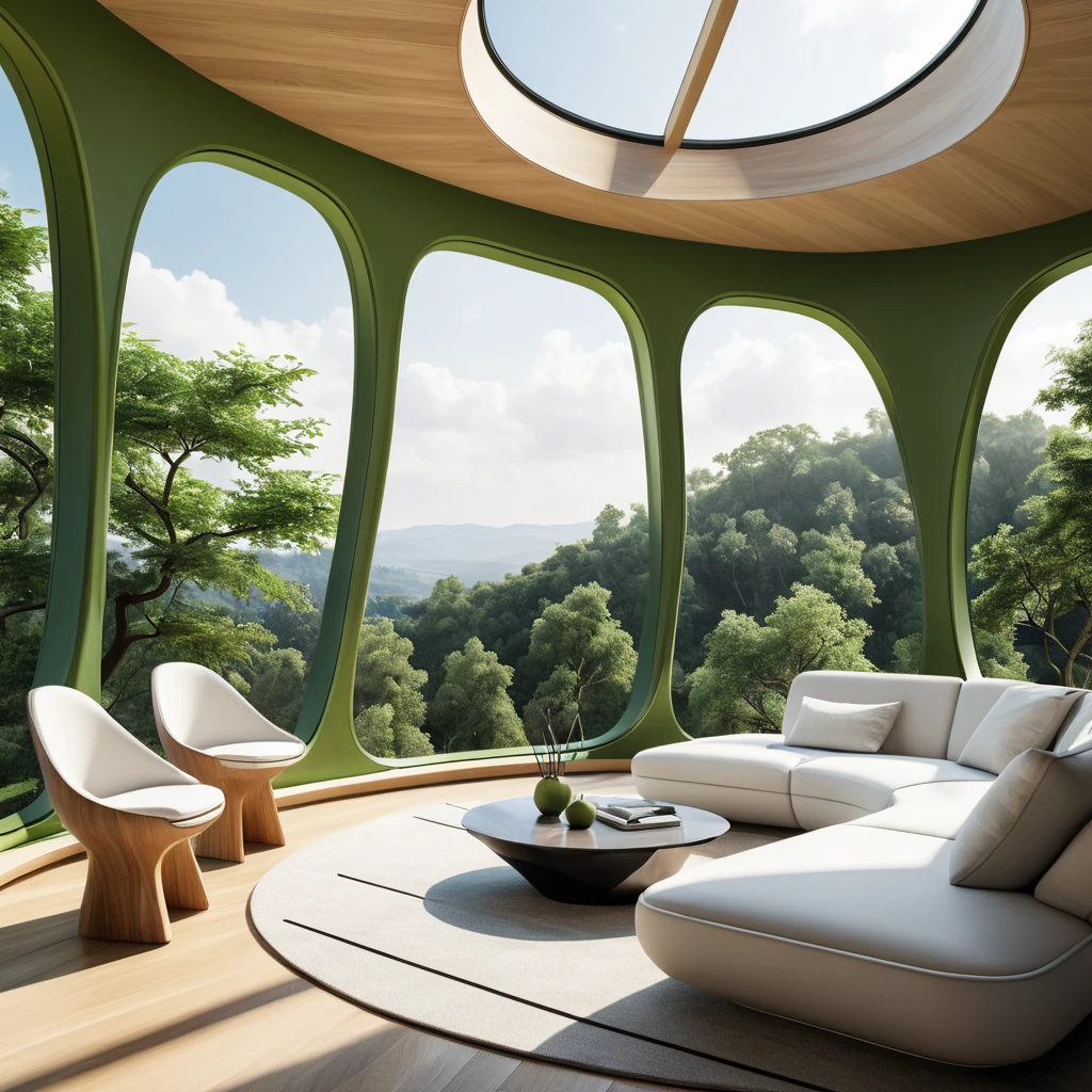 A beautiful interior design of an organic tree house with large windows overlooking the green landscape, in harmony with nature, designed in the style of Zaha Hadid and cofftraffic, using light wood and white colors, curved lines, futuristic furniture, organic shapes, architectural photography, highly detailed, hyper realistic, high resolution green trees