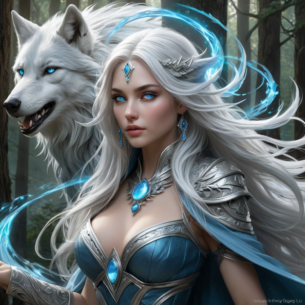 A hauntingly beautiful Wild Hunt sorceress, with long flowing silver hair and piercing blue eyes, summoning a spectral wolf amidst a swirling vortex of magic, deep within an ancient forest, mystical, powerful, ethereal beauty, fantasy art style