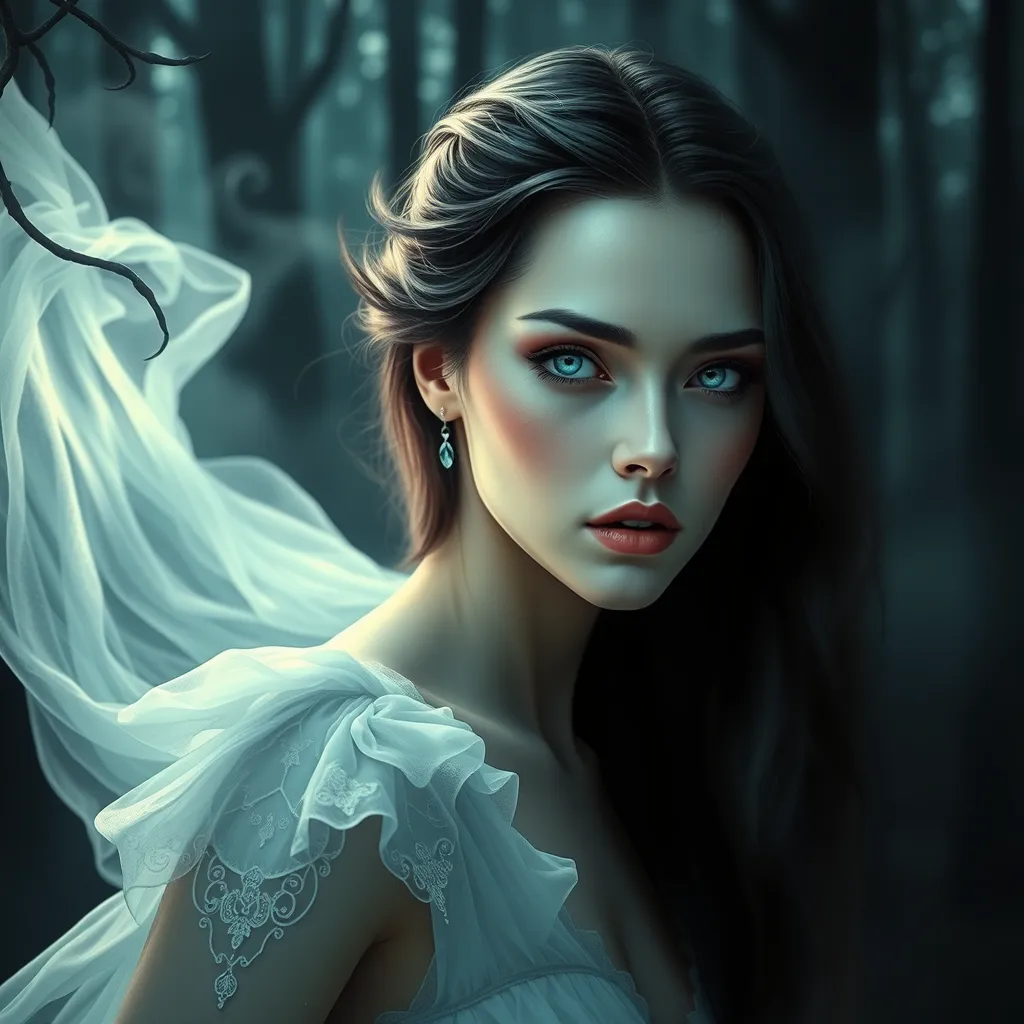 An ethereal vampire maiden with a delicate yet captivating beauty, pale blue eyes that shimmer like sapphires, wearing a flowing white dress that evokes the moonlight, surrounded by mist in a dark forest, art nouveau style, soft lighting, dreamlike atmosphere