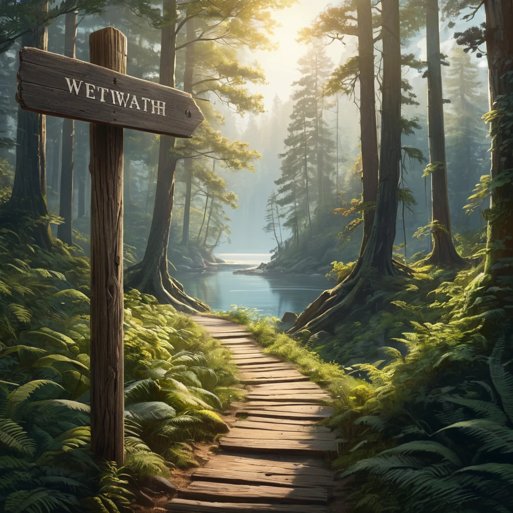 A winding dirt path disappearing into a dense forest, sunlight filtering through the canopy, a weathered wooden signpost pointing towards a distant lake, Firewatch color palette, peaceful and inviting, sense of mystery