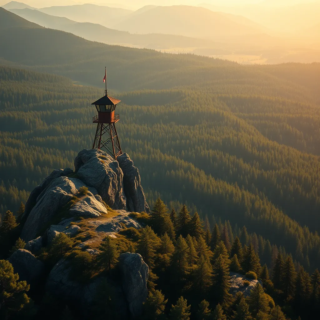 A lone fire lookout tower perched atop a rugged mountain peak, surrounded by a sea of vibrant green pine forest, the warm afternoon sun casting long shadows across the landscape, Firewatch art style, serene and melancholic