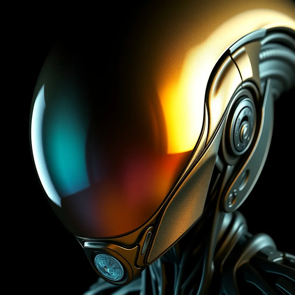 alien helmet with iridescent reflection. Dark background