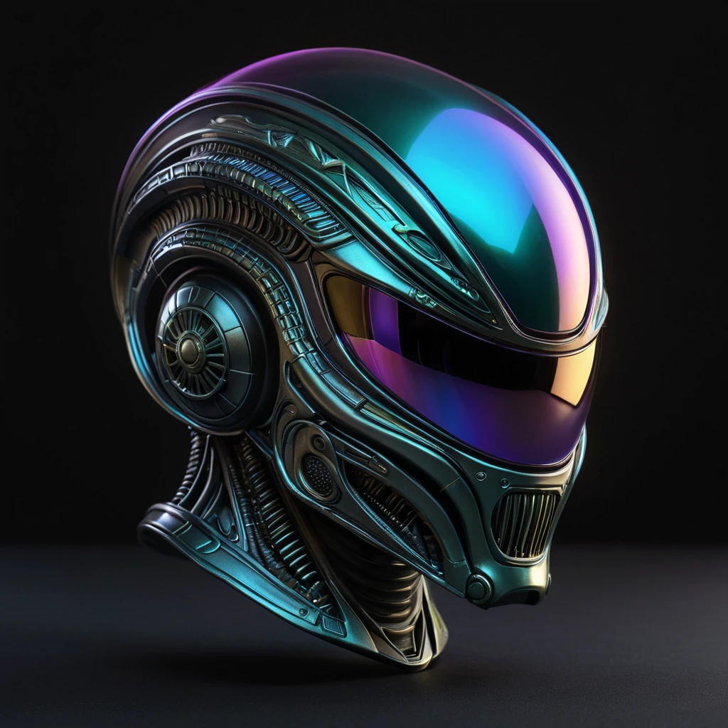 alien helmet with iridescent reflection. Dark background