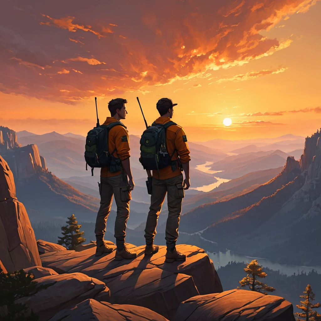 Two figures silhouetted against a fiery sunset, standing on a rocky cliff overlooking a vast valley, their walkie-talkies crackling with static, the scent of pine and smoke filling the air, Firewatch inspired, emotional, story-driven