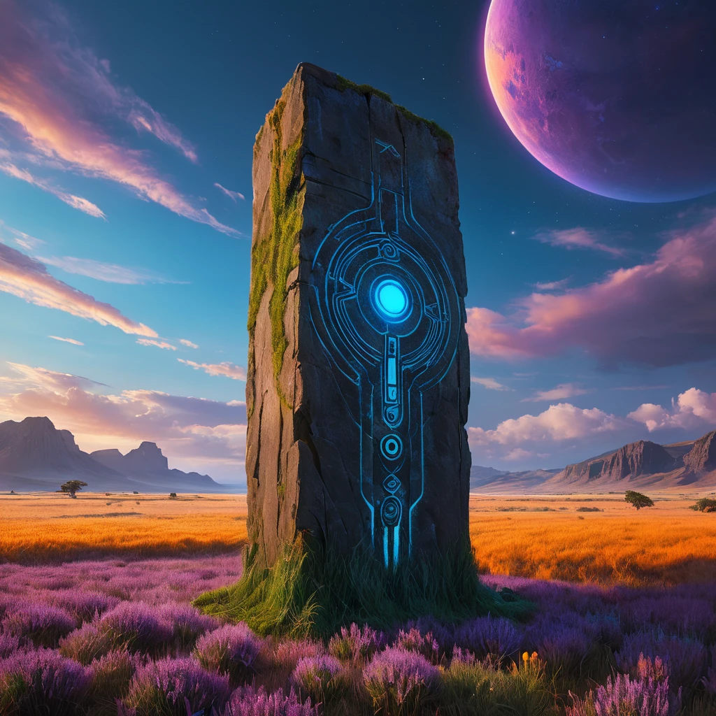 An abandoned alien monolith standing amidst a field of glowing blue grass, strange symbols etched into its surface, a ringed planet dominating the sky, purple and orange hues blend in the atmosphere, No Man's Sky style, mysterious and evocative