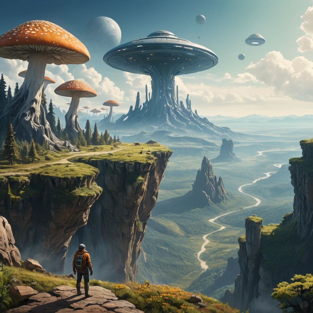 A lone explorer standing on the edge of a cliff, gazing at a vast alien valley below, herds of strange, procedurally generated creatures graze amidst towering mushroom forests, a spaceship rests on a plateau in the distance, No Man's Sky aesthetic, sense of scale and exploration