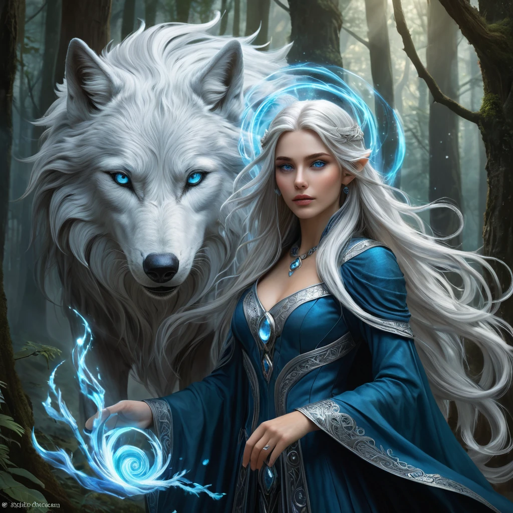 A hauntingly beautiful Wild Hunt sorceress, with long flowing silver hair and piercing blue eyes, summoning a spectral wolf amidst a swirling vortex of magic, deep within an ancient forest, mystical, powerful, ethereal beauty, fantasy art style