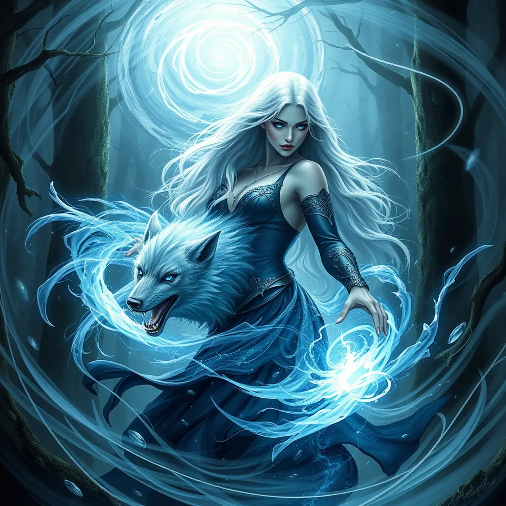 A hauntingly beautiful Wild Hunt sorceress, with long flowing silver hair and piercing blue eyes, summoning a spectral wolf amidst a swirling vortex of magic, deep within an ancient forest, mystical, powerful, ethereal beauty, fantasy art style