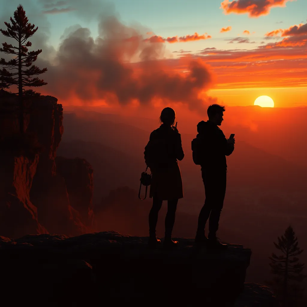 Two figures silhouetted against a fiery sunset, standing on a rocky cliff overlooking a vast valley, their walkie-talkies crackling with static, the scent of pine and smoke filling the air, Firewatch inspired, emotional, story-driven