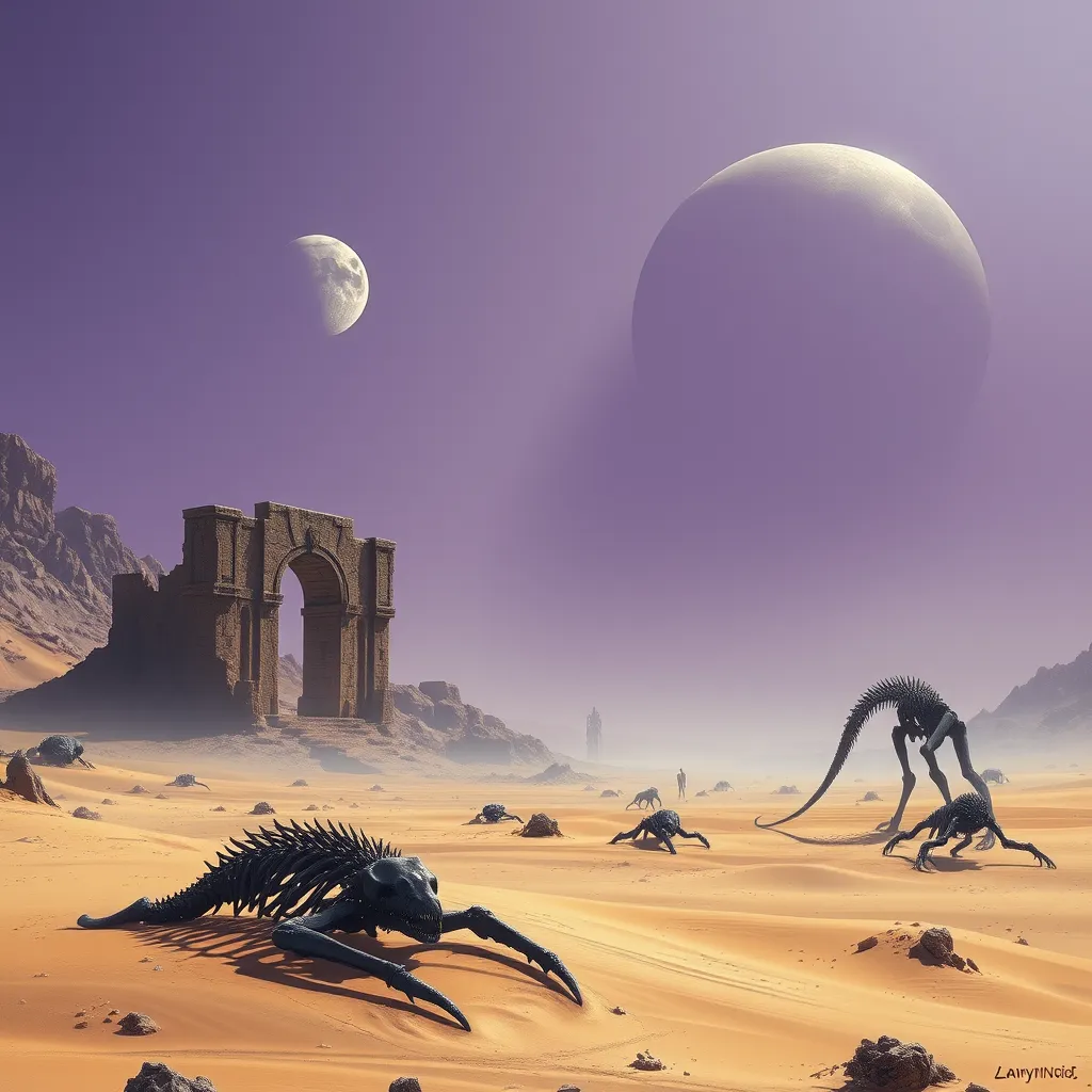 A desert planet with colossal, ancient ruins half-buried in the sand dunes, giant skeletons of unknown creatures scattered across the landscape, two moons casting long shadows in the purple sky, sense of mystery and wonder, matte painting style, by Thomas Cole and Caspar David Friedrich