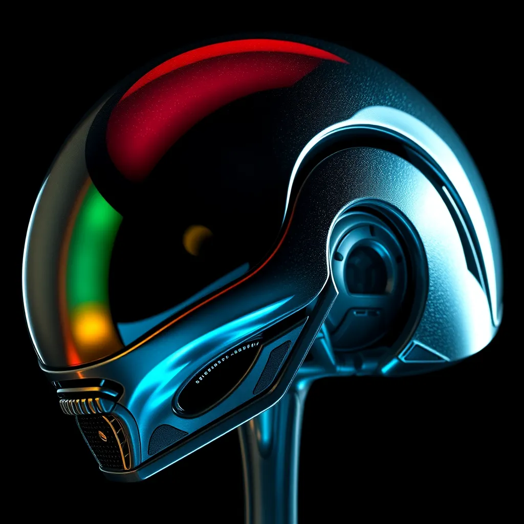 alien helmet with iridescent reflection. Dark background