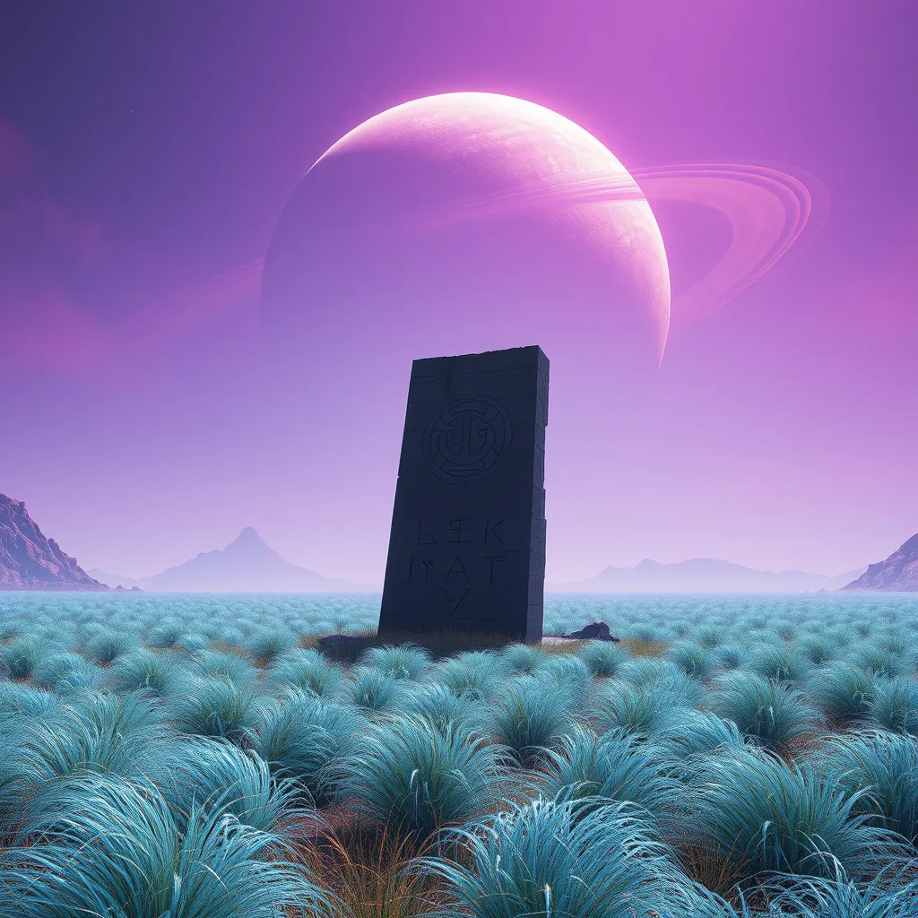 An abandoned alien monolith standing amidst a field of glowing blue grass, strange symbols etched into its surface, a ringed planet dominating the sky, purple and orange hues blend in the atmosphere, No Man's Sky style, mysterious and evocative