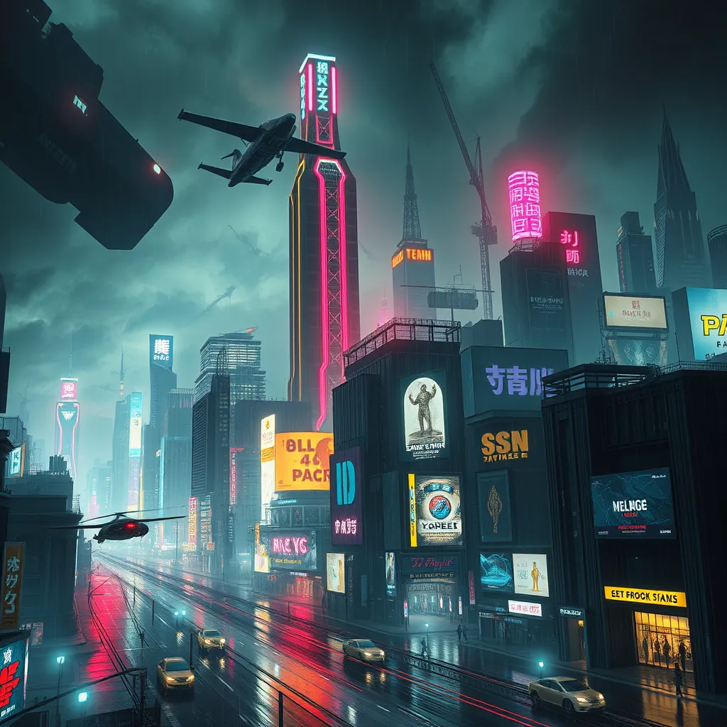 A sprawling dystopian cityscape at night, towering neon skyscrapers pierce a polluted sky, flying vehicles navigate a labyrinth of illuminated advertising, rain-slicked streets reflecting a kaleidoscope of light, Blade Runner style, cyberpunk, dark and gritty