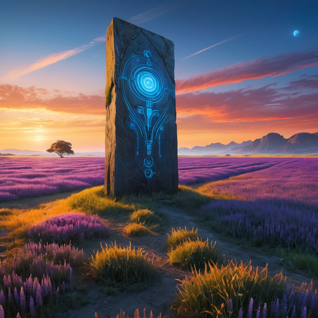 An abandoned alien monolith standing amidst a field of glowing blue grass, strange symbols etched into its surface, a ringed planet dominating the sky, purple and orange hues blend in the atmosphere, No Man's Sky style, mysterious and evocative