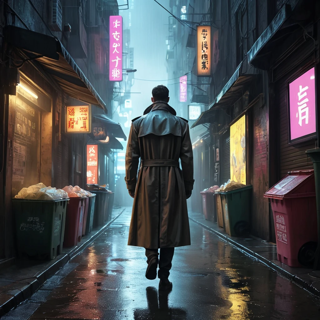 A lone figure in a trench coat walks down a narrow, trash-filled alleyway, bathed in the artificial glow of holographic advertisements, steam billowing from street vendors, rain pouring relentlessly, Blade Runner aesthetic, film noir lighting, sense of unease