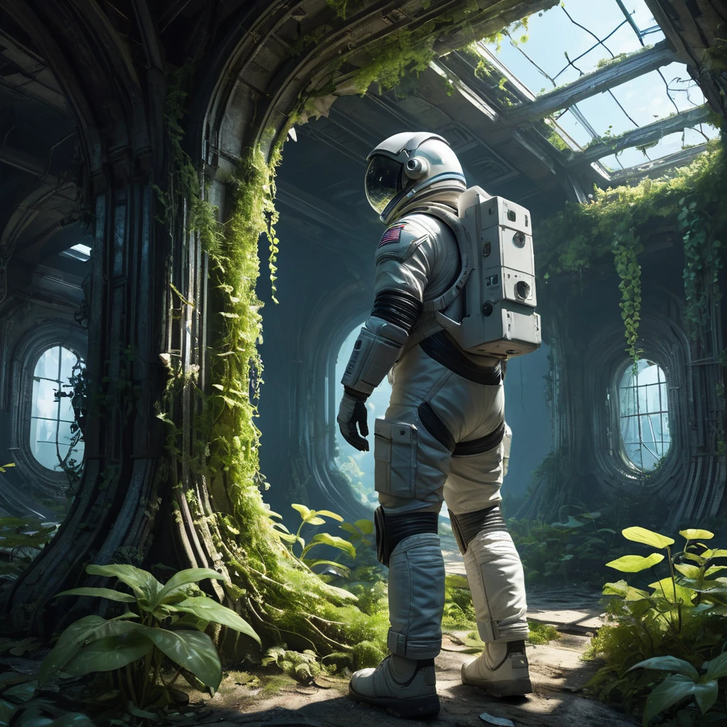 A derelict space station, overgrown with luminous vines and bioluminescent fungi, remnants of advanced technology peeking through the organic growth, a lone astronaut in a spacesuit exploring the ruins, haunting and beautiful, volumetric lighting, photorealistic, trending on Artstation