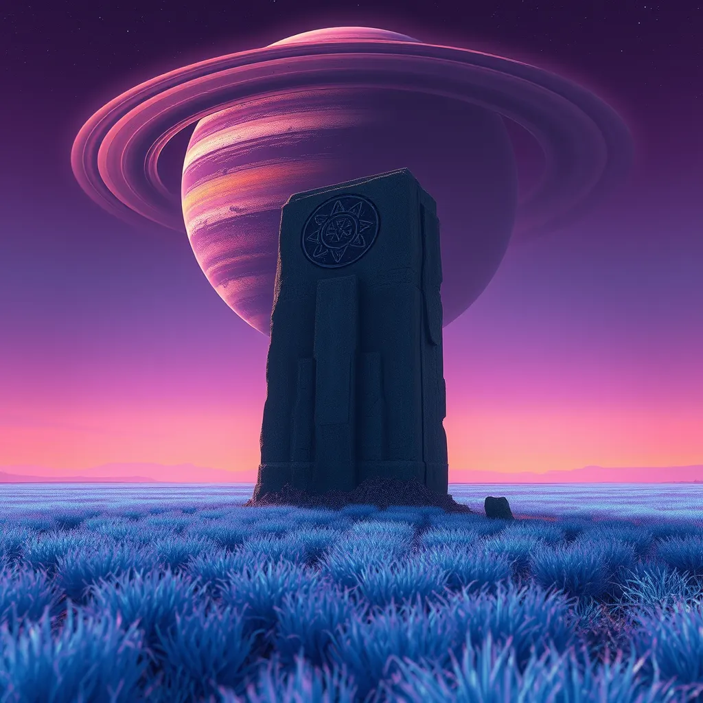 An abandoned alien monolith standing amidst a field of glowing blue grass, strange symbols etched into its surface, a ringed planet dominating the sky, purple and orange hues blend in the atmosphere, No Man's Sky style, mysterious and evocative