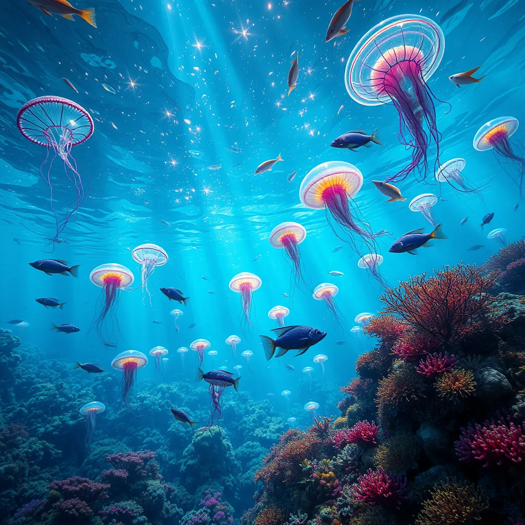 An underwater alien world with bioluminescent coral reefs, shimmering jellyfish forests, strange and beautiful fish with iridescent scales, shafts of sunlight filtering through the water, vibrant and colorful, photorealistic, National Geographic photography