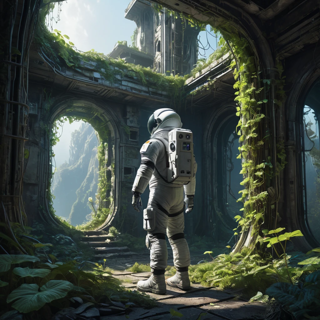 A derelict space station, overgrown with luminous vines and bioluminescent fungi, remnants of advanced technology peeking through the organic growth, a lone astronaut in a spacesuit exploring the ruins, haunting and beautiful, volumetric lighting, photorealistic, trending on Artstation