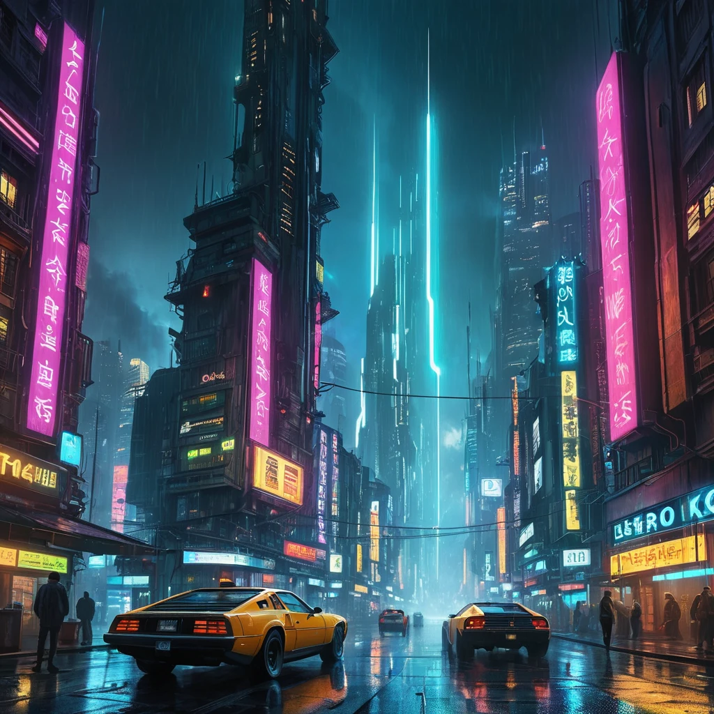 A sprawling dystopian cityscape at night, towering neon skyscrapers pierce a polluted sky, flying vehicles navigate a labyrinth of illuminated advertising, rain-slicked streets reflecting a kaleidoscope of light, Blade Runner style, cyberpunk, dark and gritty