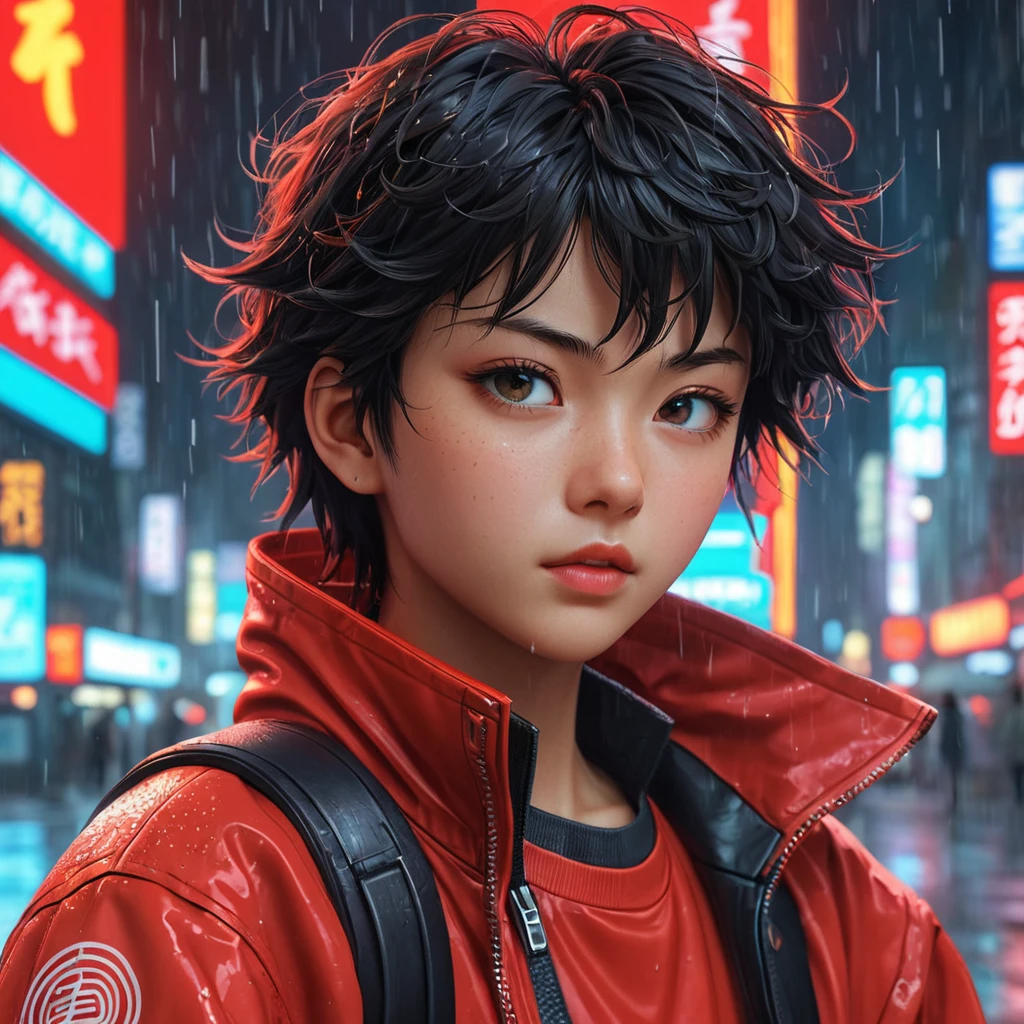 Anime art of Akira, detailed scene, red, perfect face, intricately detailed photorealism, trending on artstation, neon lights, rainy day, ray-traced environment, vintage 90's anime artwork