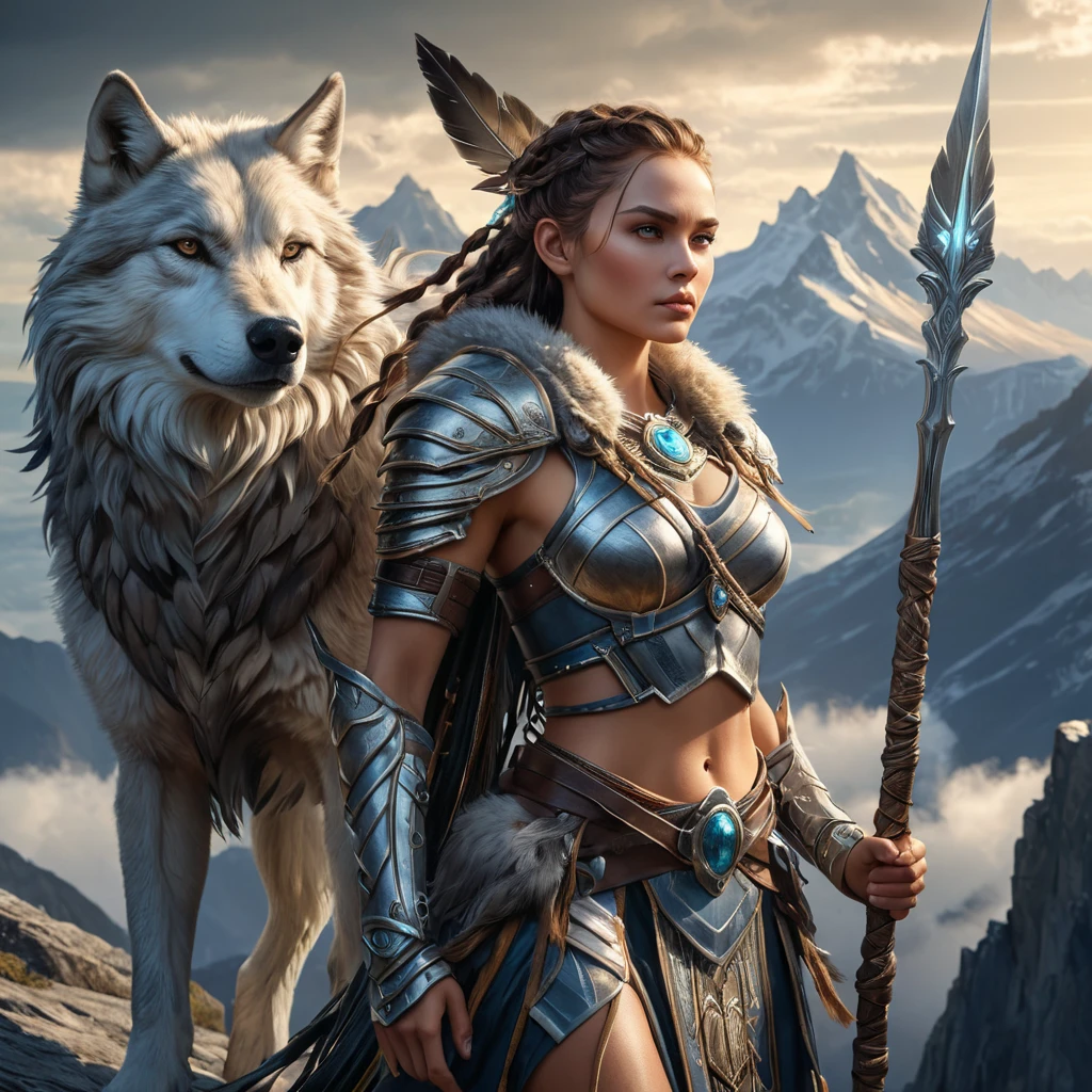 A powerful Wild Hunt warrior queen, wielding a glowing spear, her face framed by braids adorned with feathers and bones, standing atop a windswept mountain, her loyal wolf companion by her side, epic fantasy, dramatic lighting, detailed armor