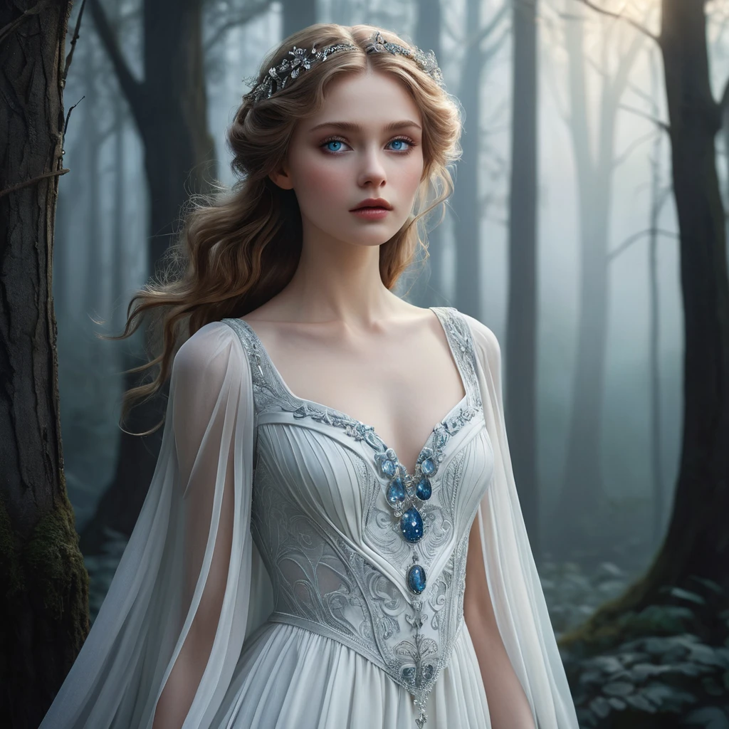 An ethereal vampire maiden with a delicate yet captivating beauty, pale blue eyes that shimmer like sapphires, wearing a flowing white dress that evokes the moonlight, surrounded by mist in a dark forest, art nouveau style, soft lighting, dreamlike atmosphere