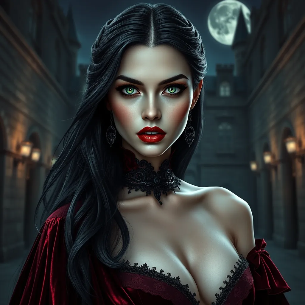 A stunningly beautiful vampire queen with piercing emerald eyes, porcelain skin, and long flowing black hair, adorned in a gothic burgundy velvet gown, standing in a castle courtyard bathed in moonlight, intricate details, hyperrealistic, sharp focus