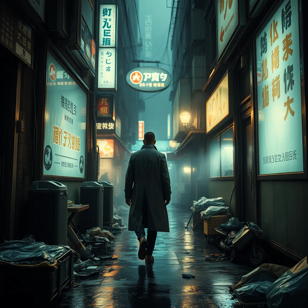 A lone figure in a trench coat walks down a narrow, trash-filled alleyway, bathed in the artificial glow of holographic advertisements, steam billowing from street vendors, rain pouring relentlessly, Blade Runner aesthetic, film noir lighting, sense of unease