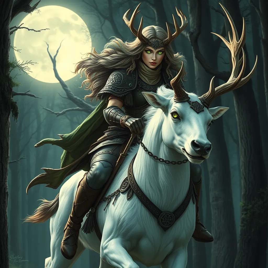 A fierce huntress of the Wild Hunt, adorned in leather armor with intricate Celtic knotwork, emerald eyes glowing with an ethereal light, riding a majestic white stag through a moonlit forest, ethereal, powerful, beautiful, art nouveau style