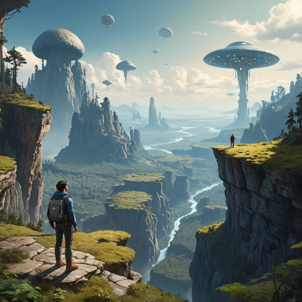 A lone explorer standing on the edge of a cliff, gazing at a vast alien valley below, herds of strange, procedurally generated creatures graze amidst towering mushroom forests, a spaceship rests on a plateau in the distance, No Man's Sky aesthetic, sense of scale and exploration