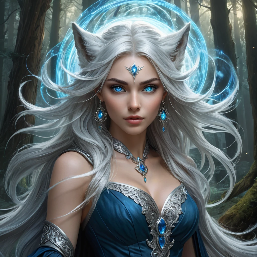 A hauntingly beautiful Wild Hunt sorceress, with long flowing silver hair and piercing blue eyes, summoning a spectral wolf amidst a swirling vortex of magic, deep within an ancient forest, mystical, powerful, ethereal beauty, fantasy art style