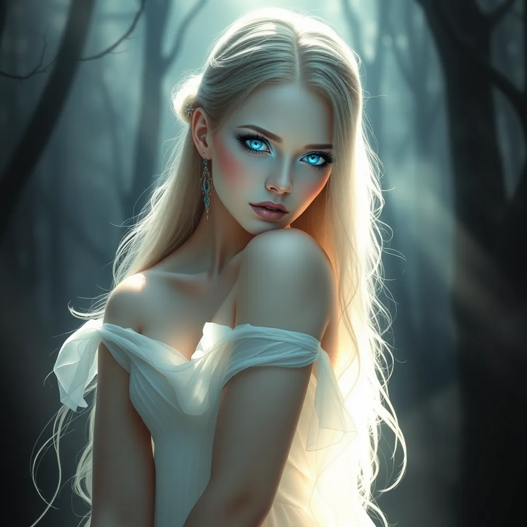 An ethereal vampire maiden with a delicate yet captivating beauty, pale blue eyes that shimmer like sapphires, wearing a flowing white dress that evokes the moonlight, surrounded by mist in a dark forest, art nouveau style, soft lighting, dreamlike atmosphere