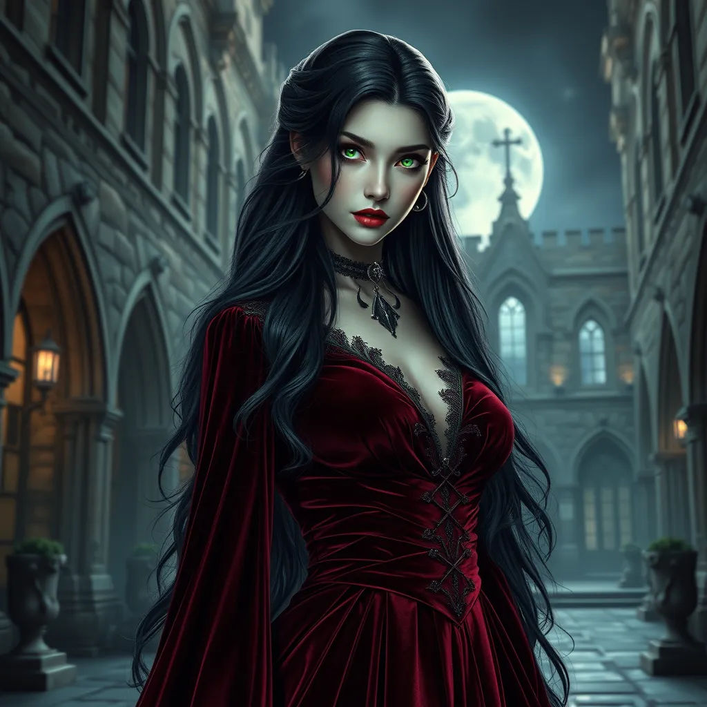 A stunningly beautiful vampire queen with piercing emerald eyes, porcelain skin, and long flowing black hair, adorned in a gothic burgundy velvet gown, standing in a castle courtyard bathed in moonlight, intricate details, hyperrealistic, sharp focus