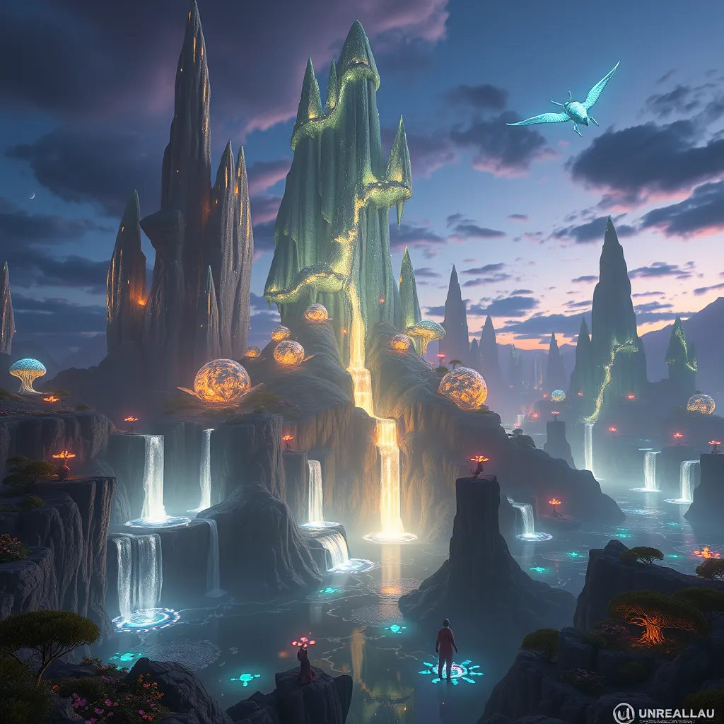 A surreal alien landscape with towering crystalline formations, glowing flora illuminating the twilight sky, waterfalls cascading into shimmering, iridescent lakes, bioluminescent creatures flying through the air, dreamlike and ethereal, 8k resolution, Unreal Engine 5