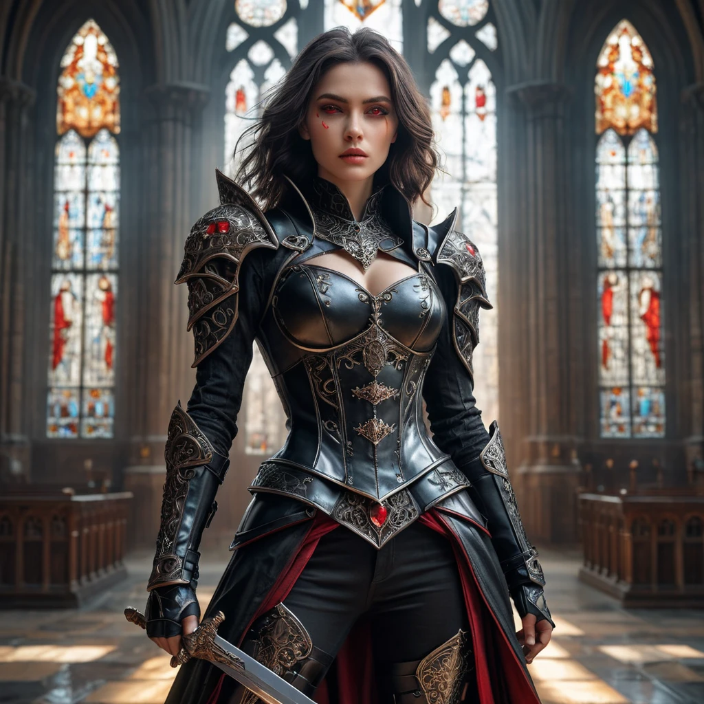 A powerful and alluring vampire warrior with ruby red eyes, wearing intricate black leather armor, a battle-worn sword strapped to her back, standing triumphantly in a gothic cathedral with shattered stained glass windows, dynamic pose, dramatic lighting, cinematic