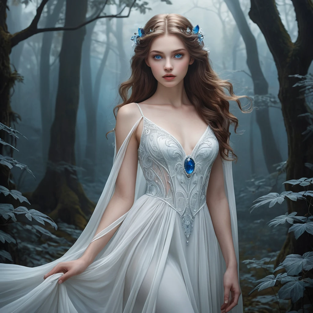 An ethereal vampire maiden with a delicate yet captivating beauty, pale blue eyes that shimmer like sapphires, wearing a flowing white dress that evokes the moonlight, surrounded by mist in a dark forest, art nouveau style, soft lighting, dreamlike atmosphere