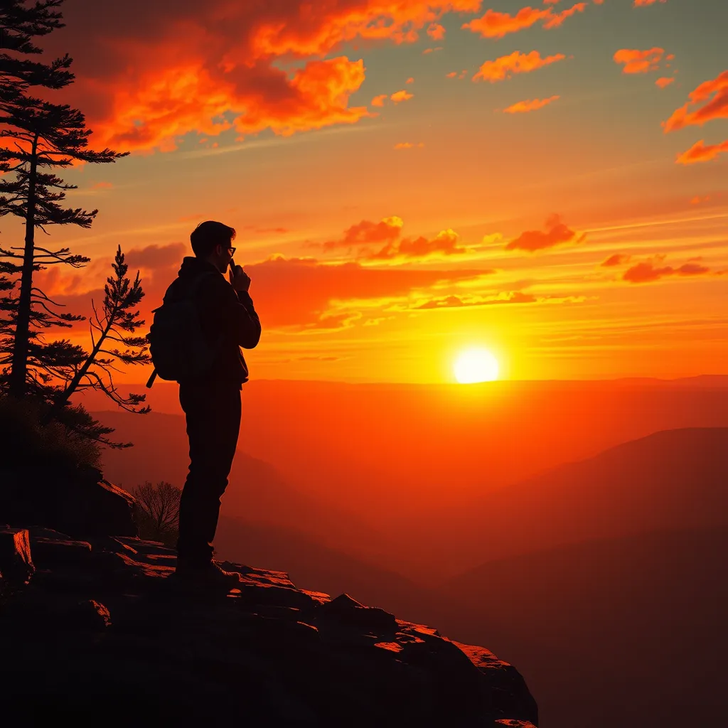 Two figures silhouetted against a fiery sunset, standing on a rocky cliff overlooking a vast valley, their walkie-talkies crackling with static, the scent of pine and smoke filling the air, Firewatch inspired, emotional, story-driven