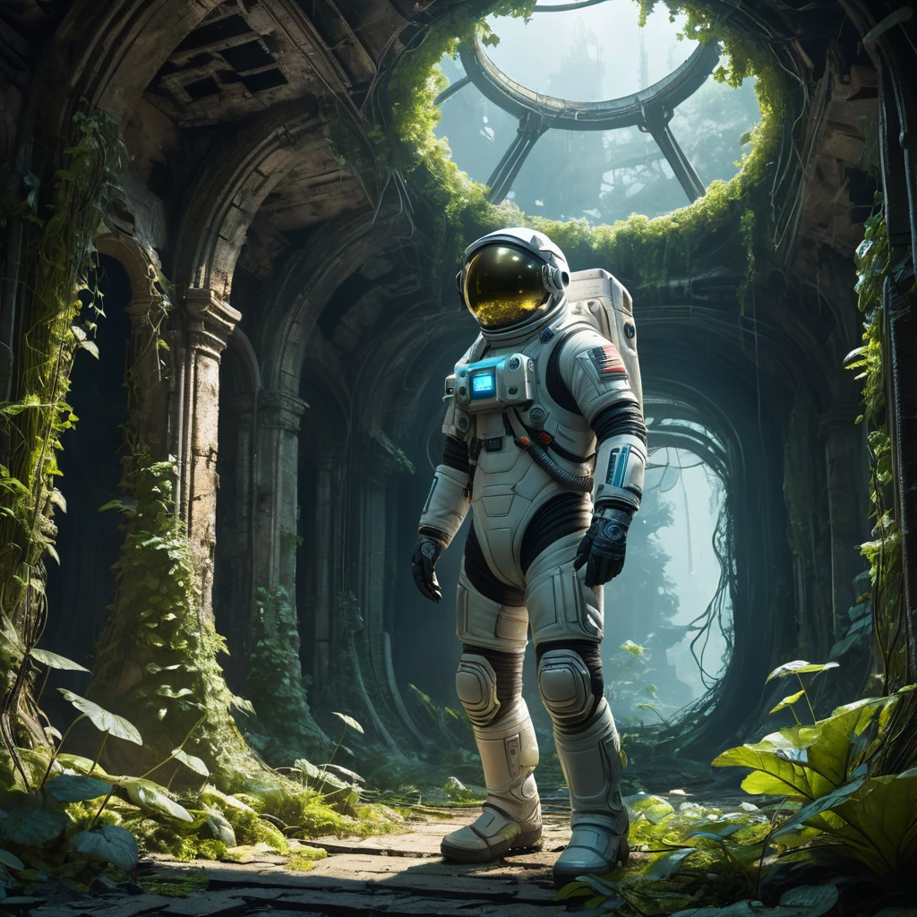 A derelict space station, overgrown with luminous vines and bioluminescent fungi, remnants of advanced technology peeking through the organic growth, a lone astronaut in a spacesuit exploring the ruins, haunting and beautiful, volumetric lighting, photorealistic, trending on Artstation