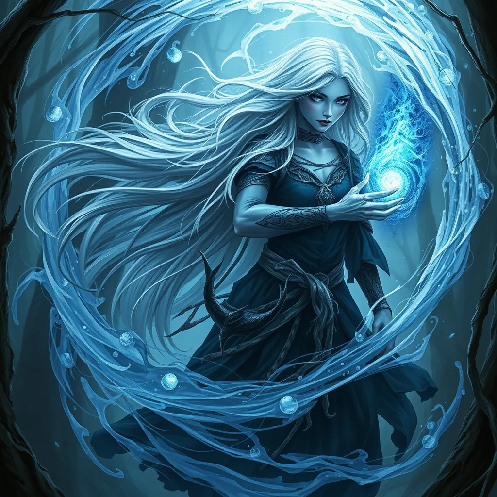 A hauntingly beautiful Wild Hunt sorceress, with long flowing silver hair and piercing blue eyes, summoning a spectral wolf amidst a swirling vortex of magic, deep within an ancient forest, mystical, powerful, ethereal beauty, fantasy art style