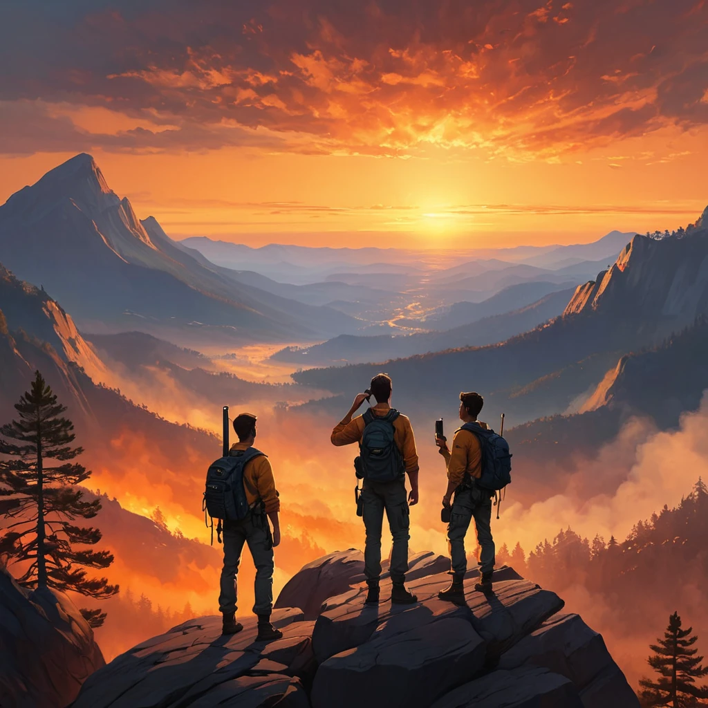 Two figures silhouetted against a fiery sunset, standing on a rocky cliff overlooking a vast valley, their walkie-talkies crackling with static, the scent of pine and smoke filling the air, Firewatch inspired, emotional, story-driven