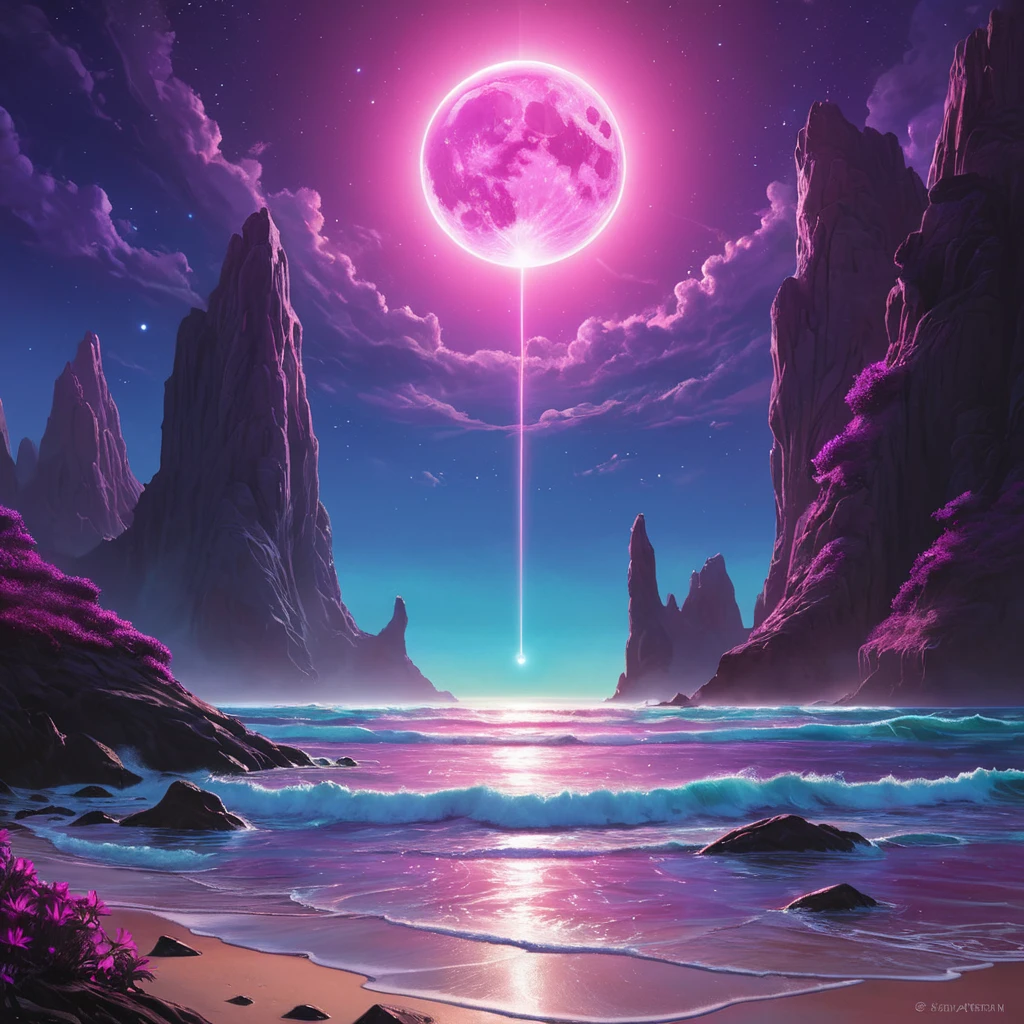 A surreal alien landscape bathed in the magenta glow of a binary sun, towering crystalline formations jutting out of a vibrant purple ocean, exotic bioluminescent flora dotting the landscape, No Man's Sky inspired, vibrant colors, sense of wonder