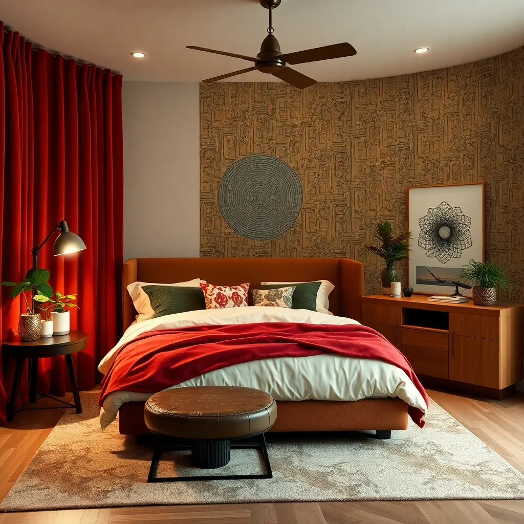 Create a cozy and inviting bedroom with a touch of modern elegance. Incorporate warm earth tones such as rich red, creamy beiges, and soft greens. Mix different textures like plush velvet, circuit board interior wallpaper smooth leather, and natural wood to add depth and visual interest. Don't forget to include statement lighting fixtures to create a warm and inviting ambiance. Add some indoor plants to bring a fresh and vibrant feel to the space. Finally, choose artwork and decorative accents that reflect your personal style and add a unique flair to the room.