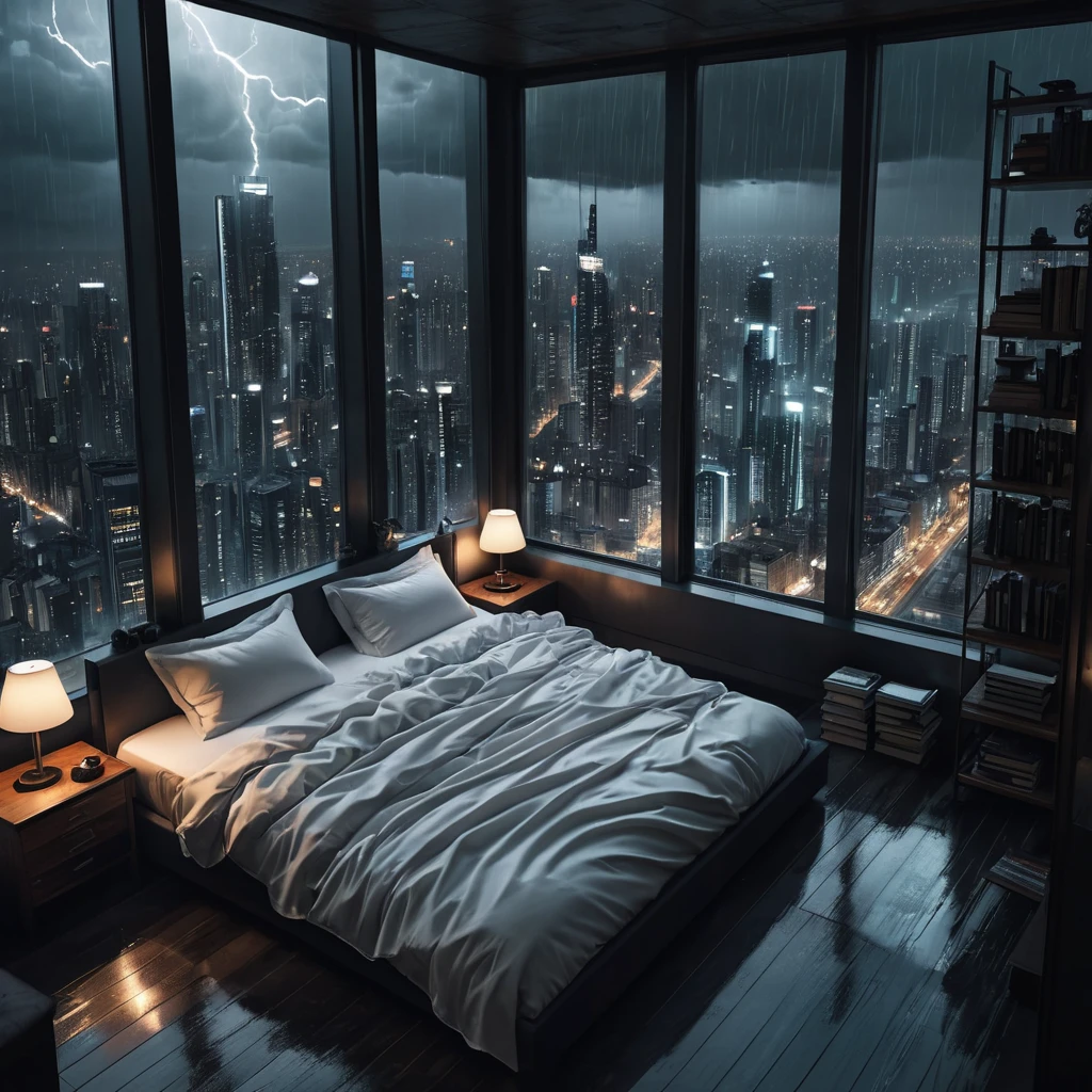 Moody aesthetic, beautiful cozy, cramped bedroom with floor to ceiling glass windows overlooking a cyberpunk city at night, view from top of skyscraper, white bedsheets, bookshelves, thunderstorm outside with torrential rain