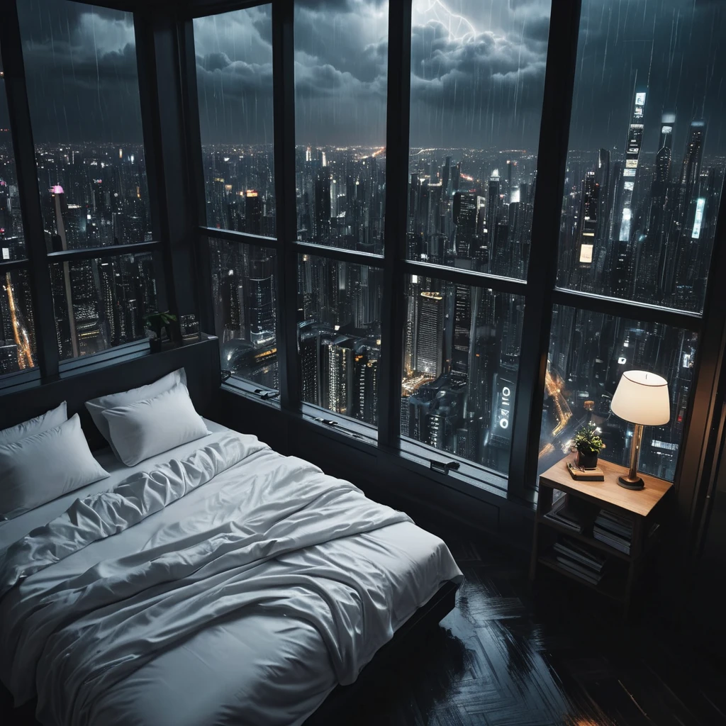 Moody aesthetic, beautiful cozy, cramped bedroom with floor to ceiling glass windows overlooking a cyberpunk city at night, view from top of skyscraper, white bedsheets, bookshelves, thunderstorm outside with torrential rain