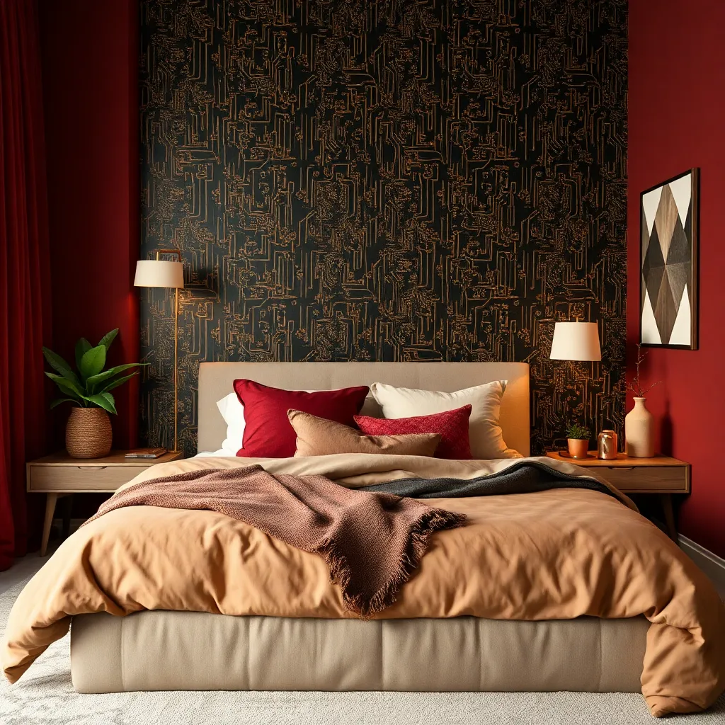 Create a cozy and inviting bedroom with a touch of modern elegance. Incorporate warm earth tones such as rich red, creamy beiges, and soft greens. Mix different textures like plush velvet, circuit board interior wallpaper smooth leather, and natural wood to add depth and visual interest. Don't forget to include statement lighting fixtures to create a warm and inviting ambiance. Add some indoor plants to bring a fresh and vibrant feel to the space. Finally, choose artwork and decorative accents that reflect your personal style and add a unique flair to the room.