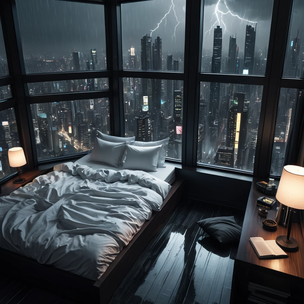 Moody aesthetic, beautiful cozy, cramped bedroom with floor to ceiling glass windows overlooking a cyberpunk city at night, view from top of skyscraper, white bedsheets, bookshelves, thunderstorm outside with torrential rain