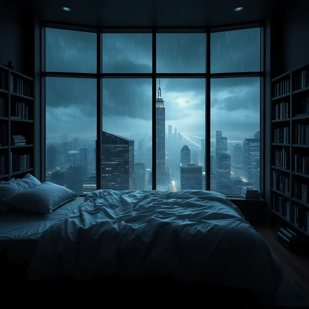 Moody aesthetic, beautiful cozy, cramped bedroom with floor to ceiling glass windows overlooking a cyberpunk city at night, view from top of skyscraper, white bedsheets, bookshelves, thunderstorm outside with torrential rain