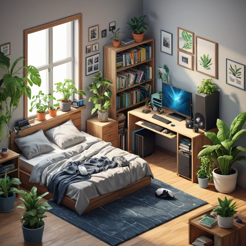 isometric render, messy nostalgic bedroom with a gaming pc, windows, plants bookshelves, desk